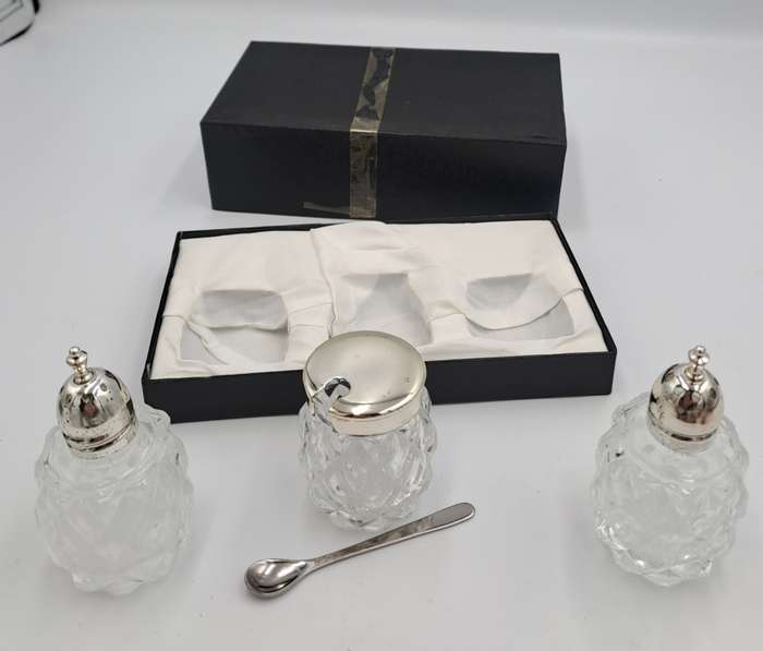 Vintage four Piece Glass and Silver Plate Condiment set- Salt -Pepper -Mustard set-Boxed