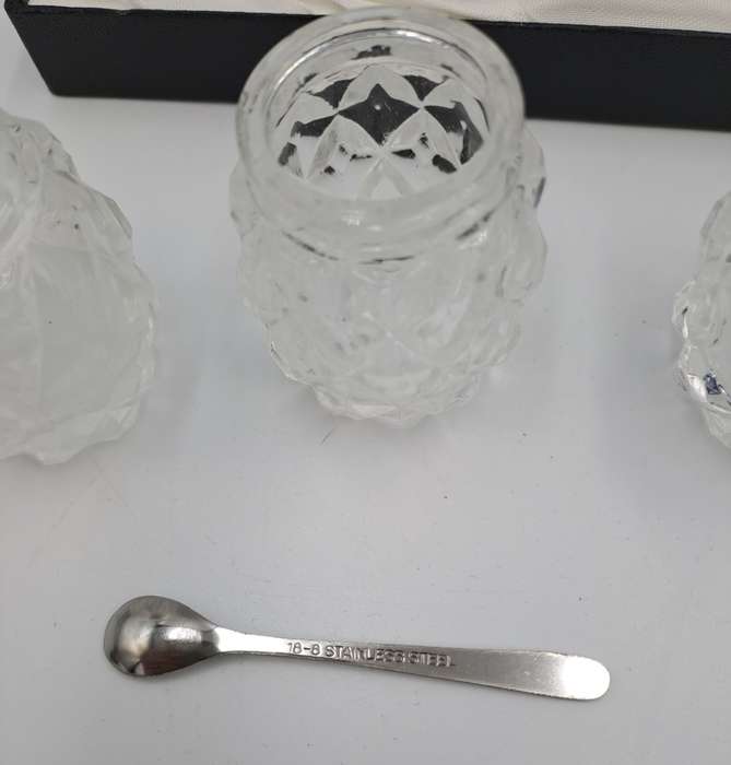 Vintage four Piece Glass and Silver Plate Condiment set- Salt -Pepper -Mustard set-Boxed