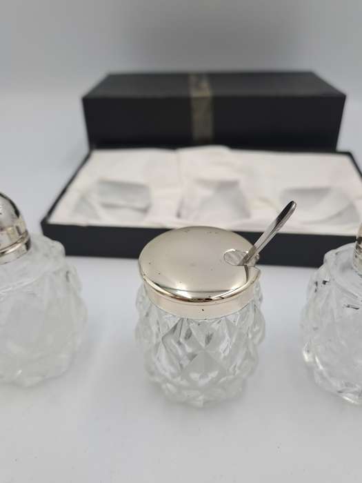 Vintage four Piece Glass and Silver Plate Condiment set- Salt -Pepper -Mustard set-Boxed