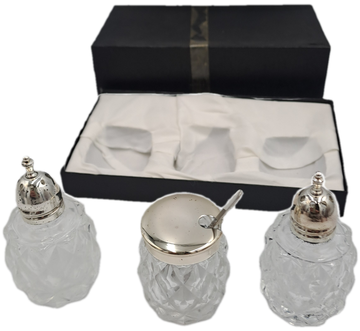 Vintage four Piece Glass and Silver Plate Condiment set- Salt -Pepper -Mustard set-Boxed