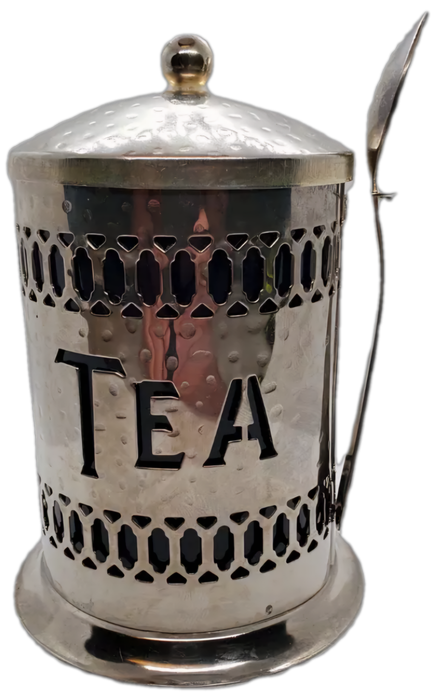 Vintage Silver-plated Filigree Tea and Coffee Caddy`s with blue plastic cups with spoons -boxed