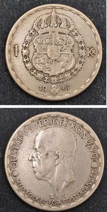1943 Sweden (Silver .400) 1 Krona - Gustaf V