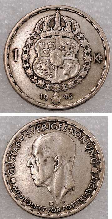 1943 Sweden (Silver .400) 1 Krona - Gustaf V
