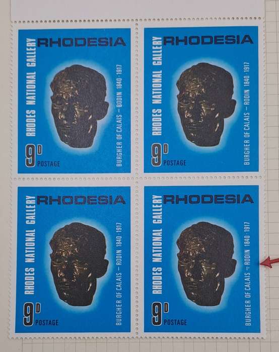 Rhodesia 1967 10th Anniversary Rhodes National Gallery 9d-Block of 4 - One has dot below the hyphen