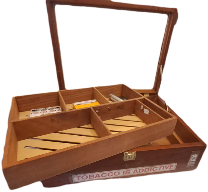 Large Vintage Wood Cigar Display Case from the Tobacco Co. with 16 Cigars and 2 cutters.