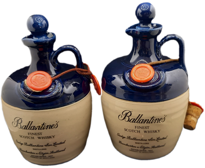 2 Vintage Original Ceramic Ballantine's Scotch Whisky Decanters -Cobalt Blue -