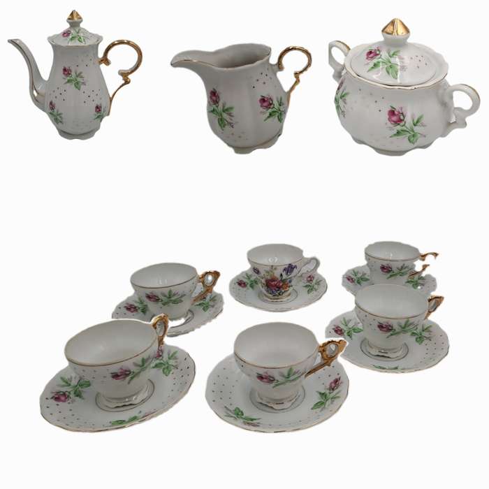 17 Pc Porcelain Teaset  Rose design - 1 cup was replaced with a different Pattern-Small Set