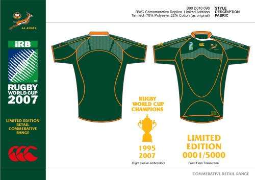 Commemorative Limited edition Springbok RWC 2007 jersey