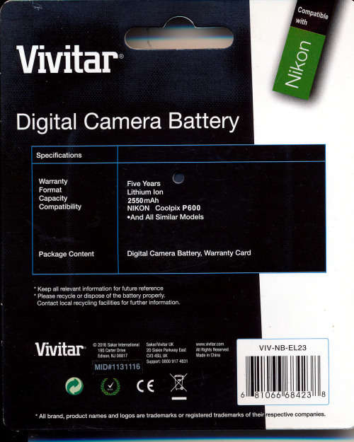 Vivitar EN-EL23 Battery for Nikon Coolpix B700 P900 S810c P610 P600