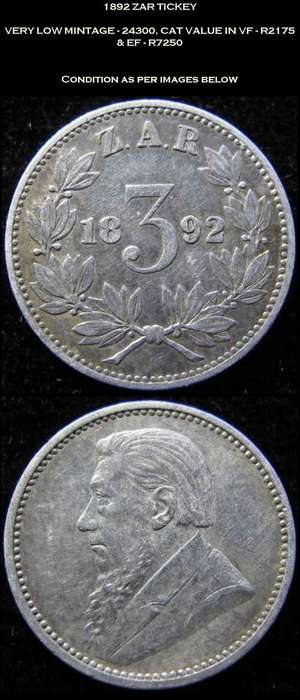 RARE 1892 ZAR KRUGER TICKEY - 24300 MINTED