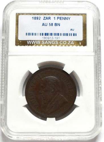 ZAR 1892 PENNY SANGS AU58 BN AU