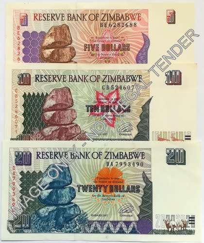 ZIMBABWE 1997 5+10+20 DOLLARS 3 NOTES