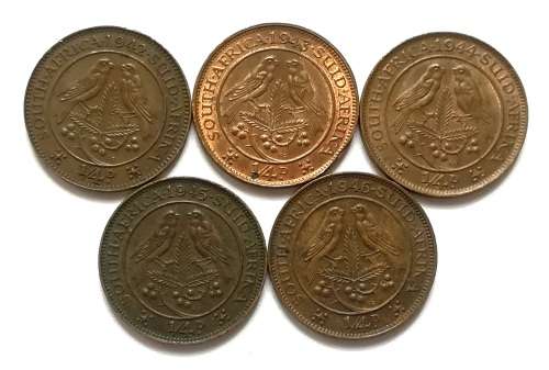 UNION 1942 TO 1946 1/4  PENNY ALL DATES  (5 COINS)