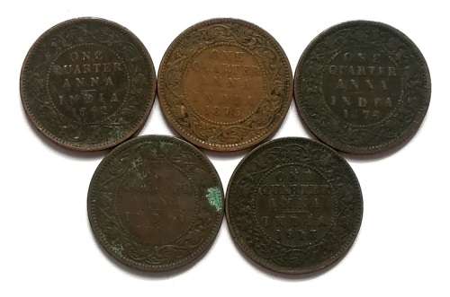 BRITISH INDIA 1862+1875+1878+1884+1913 ONE QUARTER ANNA (5 COINS)