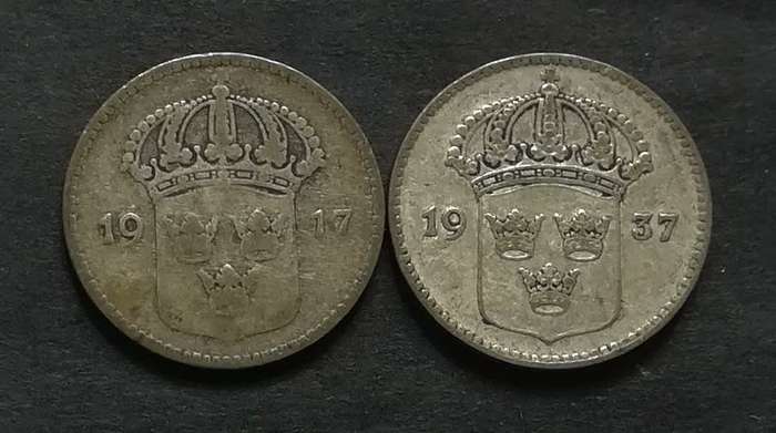 SWEDEN SILVER 1917 + 1936 10 ORE (2 COINS)