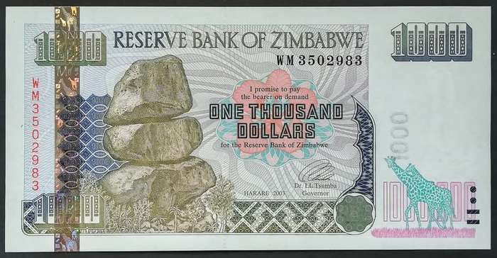 ZIMBABWE 2003 1000 DOLLARS EF+