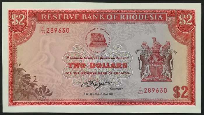 RHODESIA 1979 2 DOLLAR NOTE BIRD WATERMARK EF+