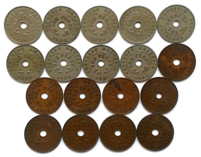 SOUTHERN RHODESIA 1934-1954 PENNY SET (18 COINS)