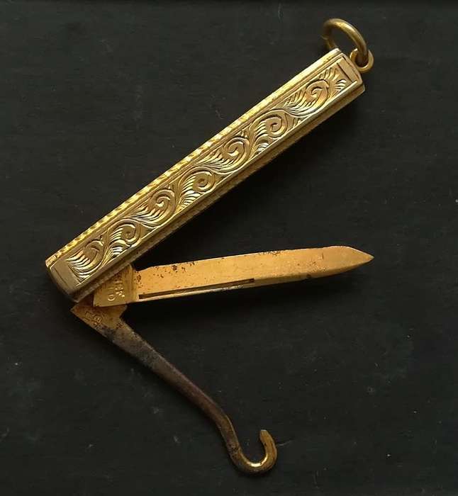 **RARE** BIRMINGHAM 1911 STERLING SILVER GILT CHATELAINE BUTTON HOOK+KNIFE