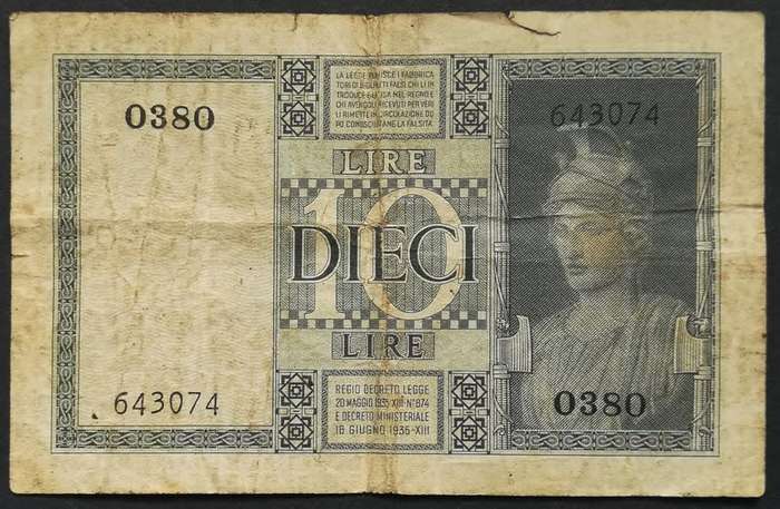 ITALY 1935 10 LIRA NOTE *FILLER*