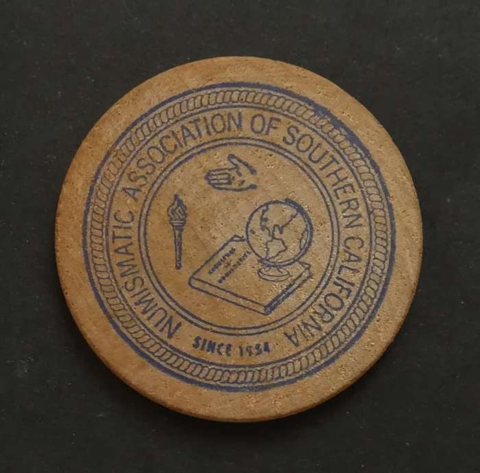 VINTAGE WOODEN COIN - 16 CENTS:1971 16TH LOS ANGELES NUMISMATIC CONVENTION 40MM