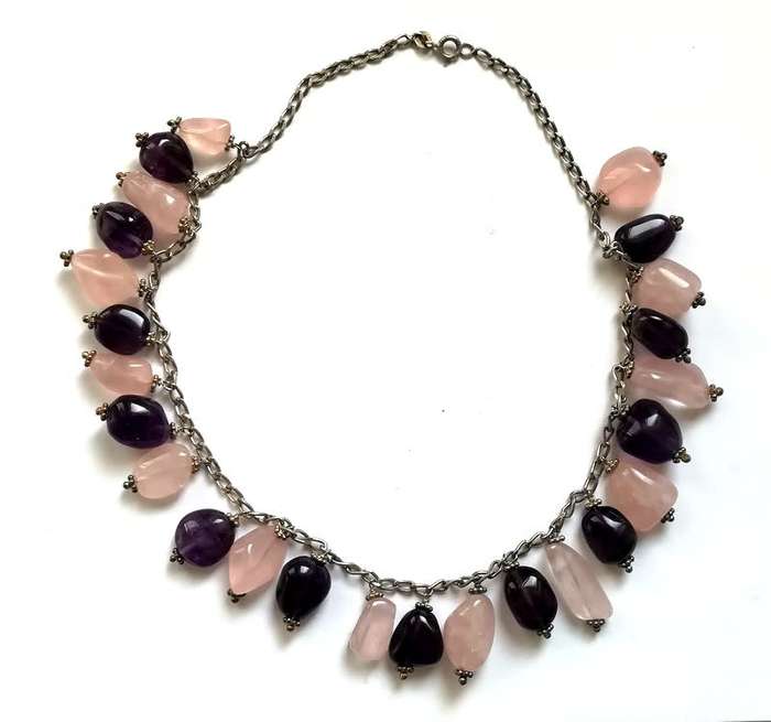 STERLING SILVER AMETHYST AND ROSE QUARTZ NECKLACE 380MM BEADS +-20X10MM