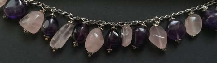 STERLING SILVER AMETHYST AND ROSE QUARTZ NECKLACE 380MM BEADS +-20X10MM