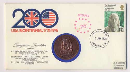 USA Bicentennial 1776-1976 first day cover with medallion