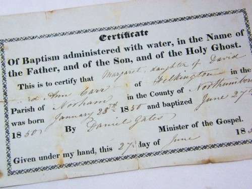 1850 Baptism certificate for Margaret Carr of Northumberland