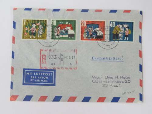 Registered Airmail cover Germany to Kiel with 4X German stamps