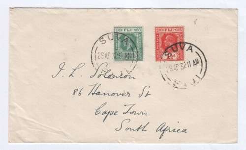 Postal Envelope sent from Fiji to Cape Town, South Africa -2 Fiji stamps cancelled - SUVA 28-04-1932