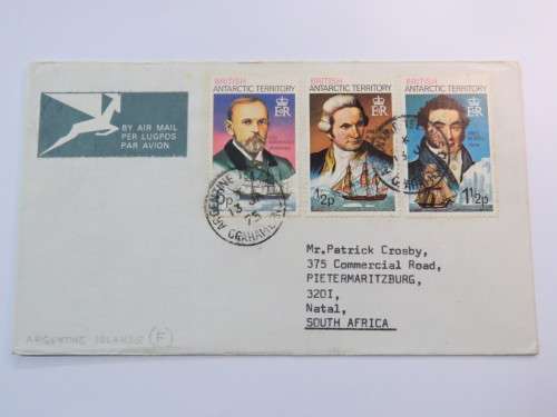 British  Antartctic Territory, 6P  - 1/2p and 1 1/2p with South African airmail label from Argentine