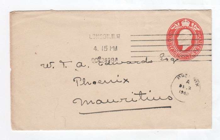 Postal Stationery - Cover send from London to Mauritius with British One Penny stamp