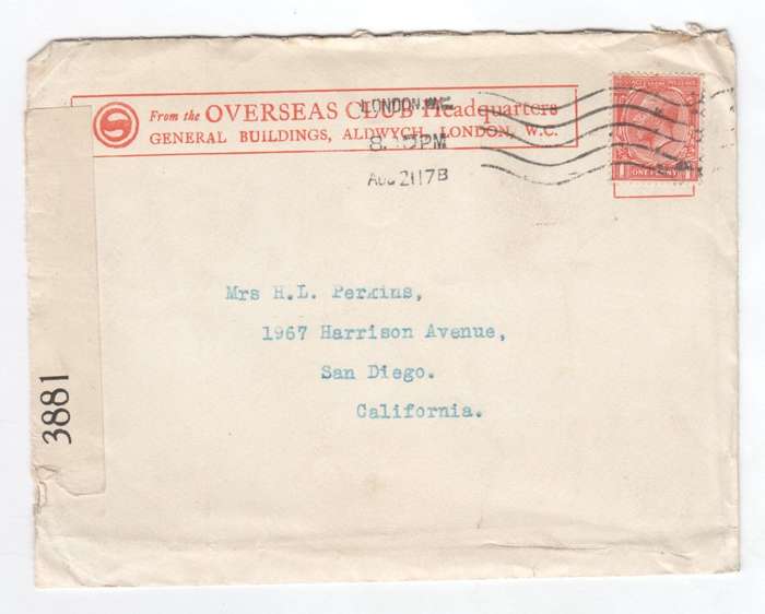 WWI Censored cover with enclosed letter send from London to San Diego, California