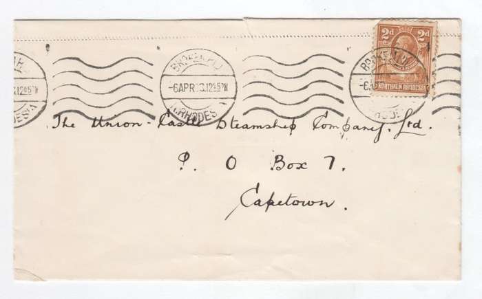 Postal cover from Broken Hill Norther Rhodesia to Union Castle Steamship Company Cape Town