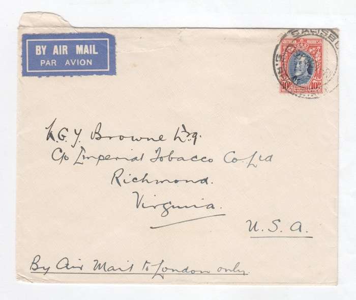 Salisbury, Southern Rhodesia cover sent to Virginia, U.S.A. by Air Mail with Southern Rhodesia stamp