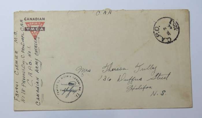 Military censored envelope on Canadian YMCA stationery posted to Halifax with CAPO dispatch cancel