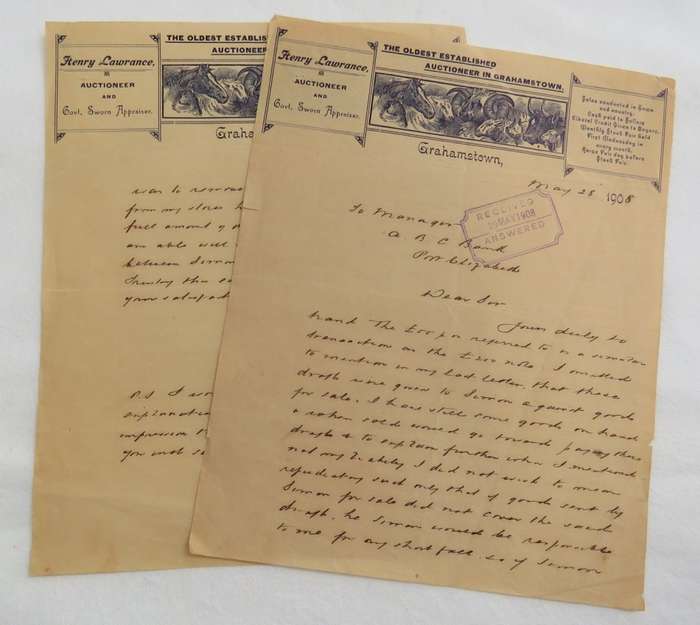 1908 Letter from Henry Lawrence - Auctioneer in Grahamstown to ABC bank - Port Elizabeth