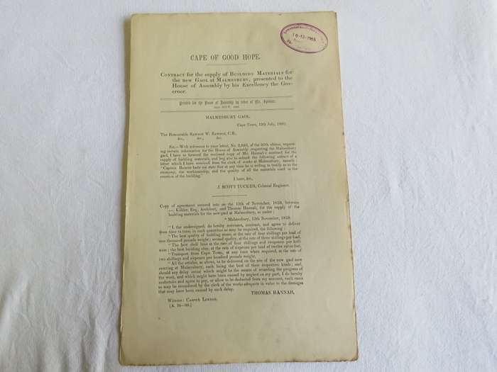1860 Cape of Good Hope contract for the supply of building materials for the new gaol at Malmesbury