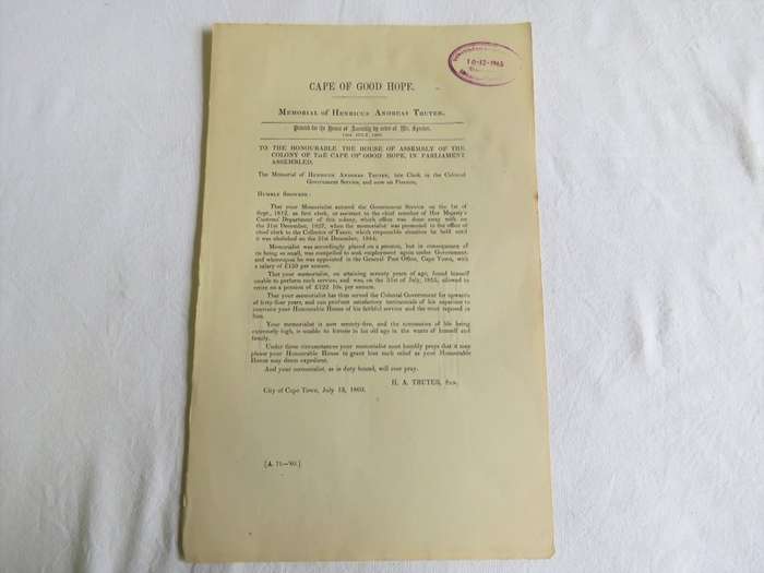 1860 Cape of Good Hope application for higher pension by H.A. Truter former government employee