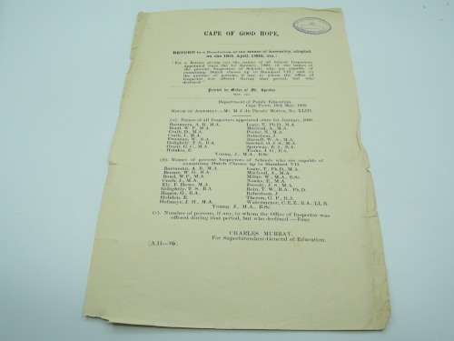 1905 Cape of Good Hope return of names of all school inspectors appointed since 1st Jan 1900
