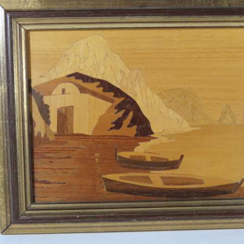 Framed wooden artwork - Ships on shore - Size with frame 18 x 23 cm - Size without frame 12 x 17 cm