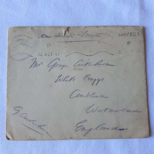 An Active Service Postal cover posted by Army P.O. 1 to England - Dated 12 October 1917