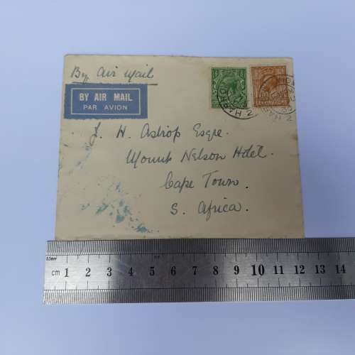 Airmial cover from Harrow, England to Cape Town, South Africa with 2 British stamps - 25 June 1930