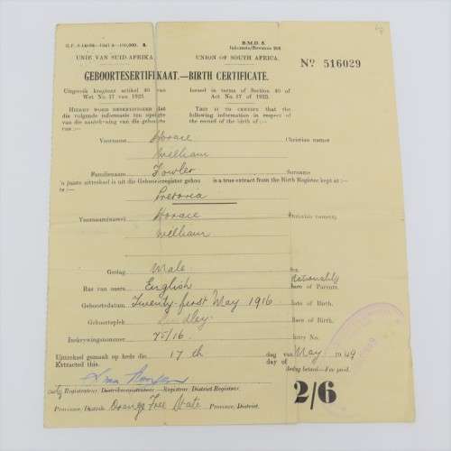 South African Birth Certificate for Horace William Fowler - 21 May 1916 - Issued on 17 May 1949