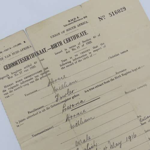 South African Birth Certificate for Horace William Fowler - 21 May 1916 - Issued on 17 May 1949