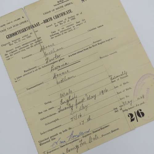 South African Birth Certificate for Horace William Fowler - 21 May 1916 - Issued on 17 May 1949