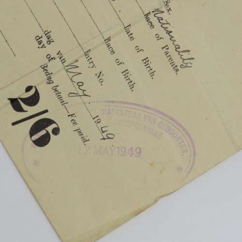 South African Birth Certificate for Horace William Fowler - 21 May 1916 - Issued on 17 May 1949