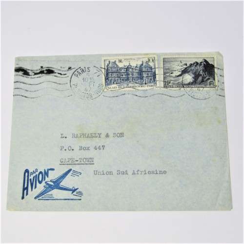 French Airmail cover to Cape Town with two Paris 10 Sep 1947 cancellations