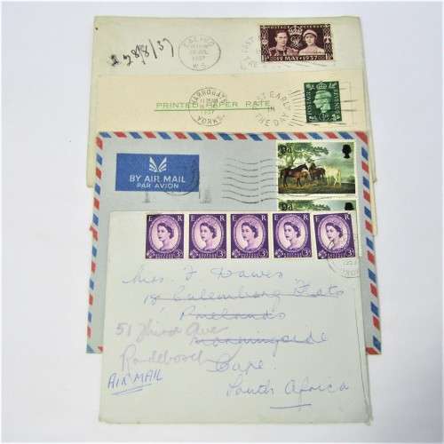 Lot of four Used postal envelopes from England to South Africa